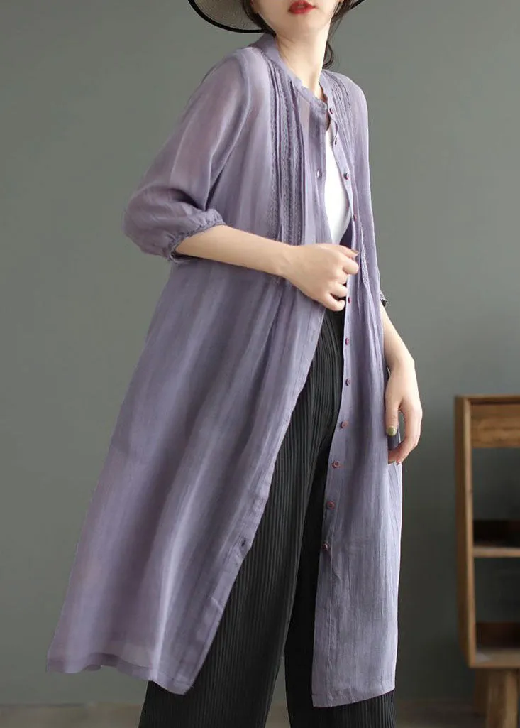 Art Purple Stand Collar Wrinkled Patchwork Linen Shirts Dresses Summer LY2494