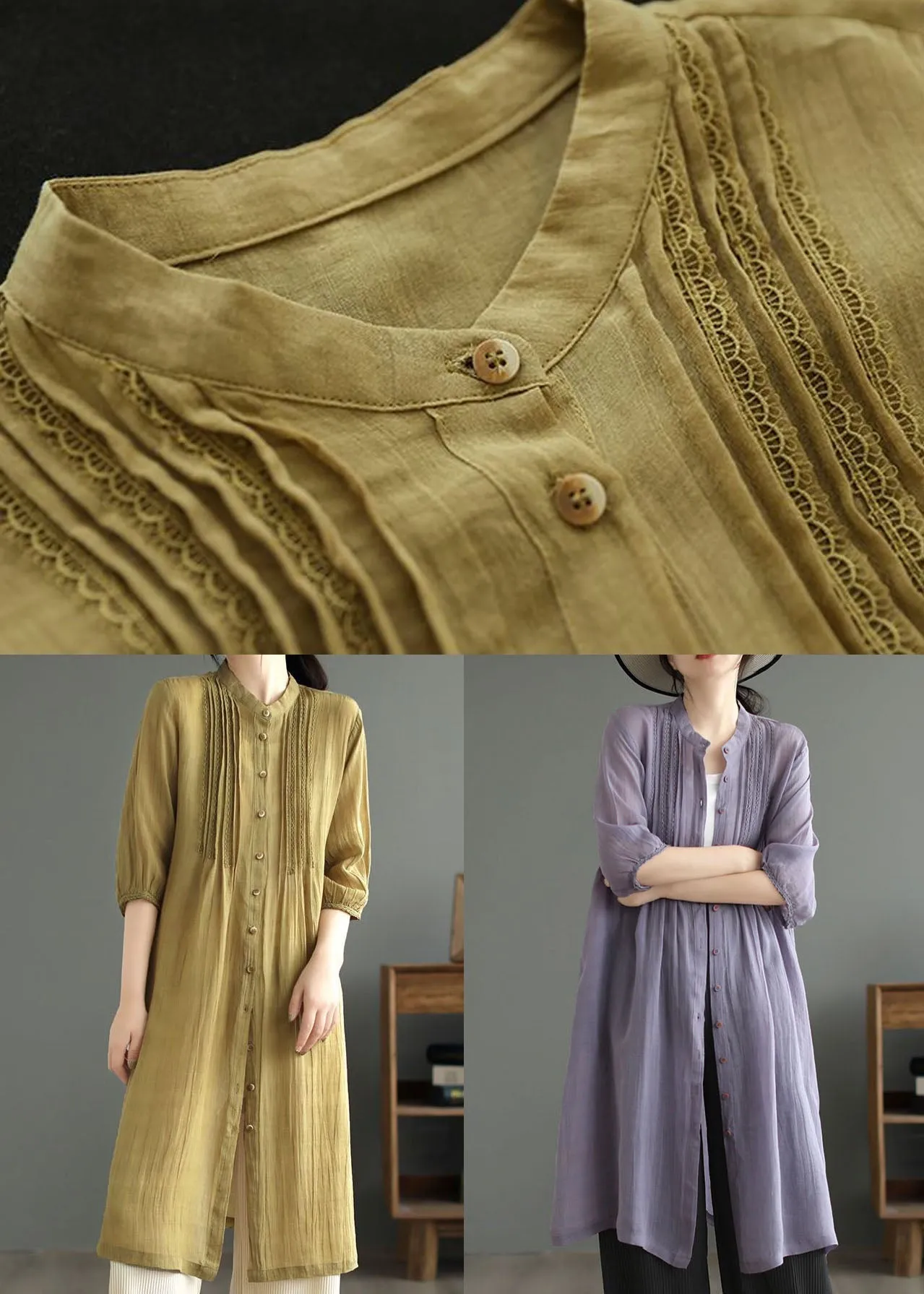 Art Purple Stand Collar Wrinkled Patchwork Linen Shirts Dresses Summer LY2494