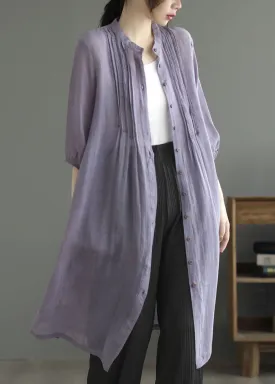 Art Purple Stand Collar Wrinkled Patchwork Linen Shirts Dresses Summer LY2494