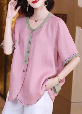 Brief Pink O-Neck Patchwork Button Linen Shirts Short Sleeve LY3787