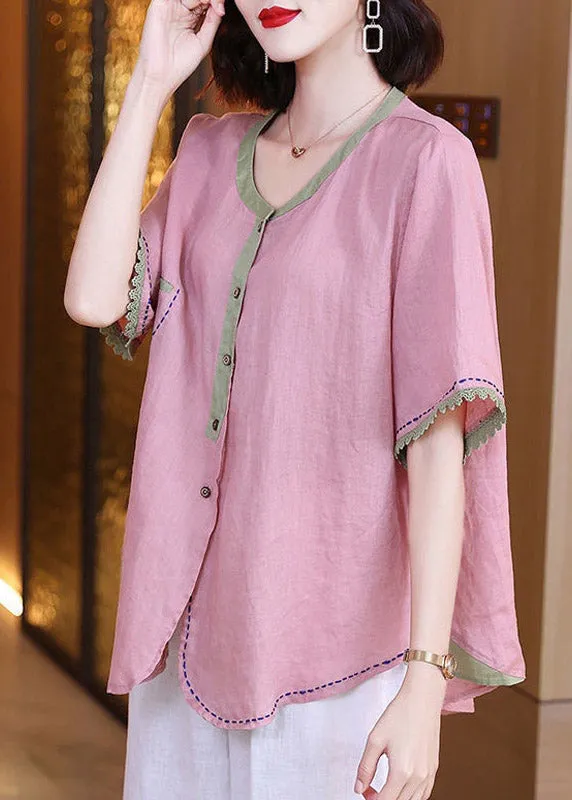 Brief Pink O-Neck Patchwork Button Linen Shirts Short Sleeve LY3787