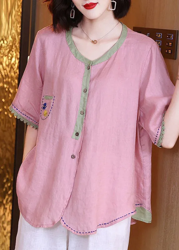Brief Pink O-Neck Patchwork Button Linen Shirts Short Sleeve LY3787