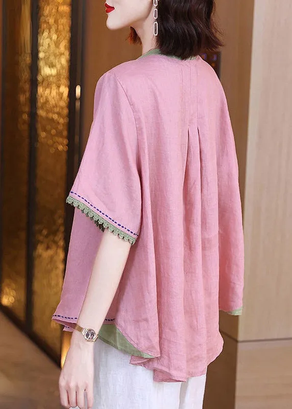 Brief Pink O-Neck Patchwork Button Linen Shirts Short Sleeve LY3787