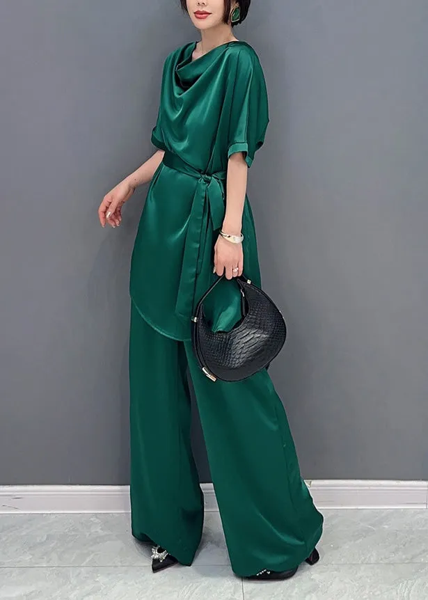 DIY Green O-Neck Solid Top And Wide Leg Pants Two Pieces Set Short Sleeve LY4382