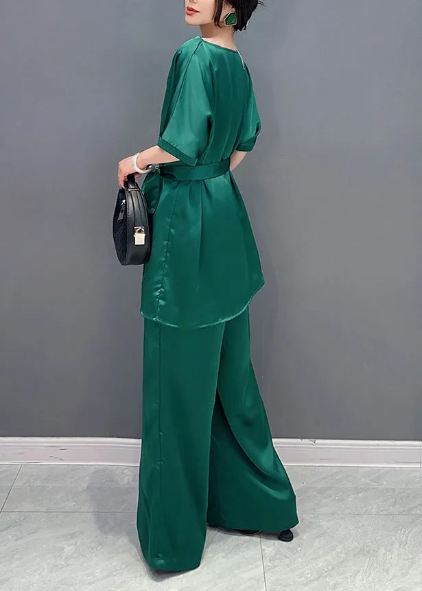 DIY Green O-Neck Solid Top And Wide Leg Pants Two Pieces Set Short Sleeve LY4382