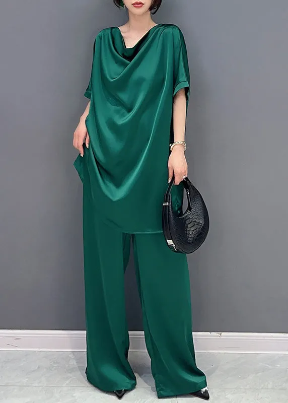 DIY Green O-Neck Solid Top And Wide Leg Pants Two Pieces Set Short Sleeve LY4382