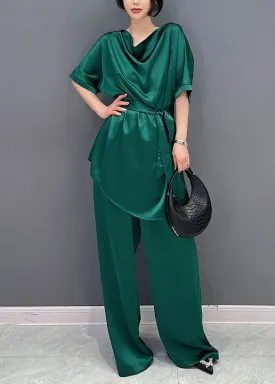 DIY Green O-Neck Solid Top And Wide Leg Pants Two Pieces Set Short Sleeve LY4382
