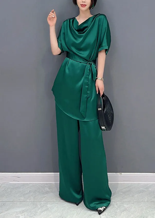 DIY Green O-Neck Solid Top And Wide Leg Pants Two Pieces Set Short Sleeve LY4382
