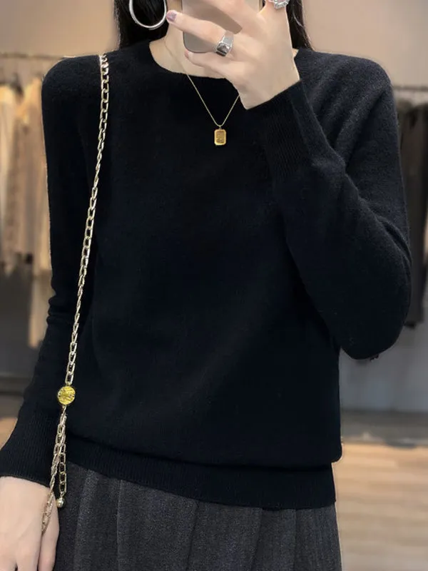 Elasticity Solid Color Long Sleeves Loose Round-Neck Sweater Pullovers Knitwear