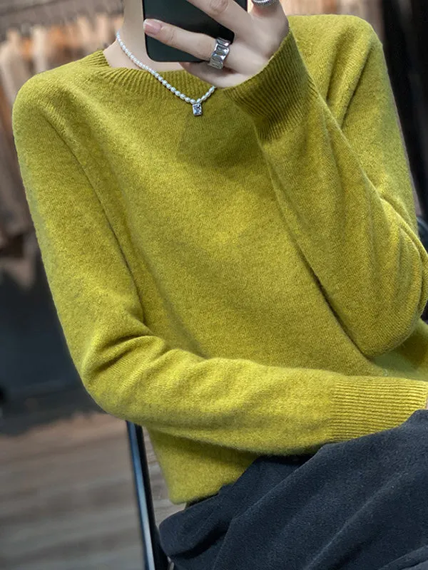 Elasticity Solid Color Long Sleeves Loose Round-Neck Sweater Pullovers Knitwear
