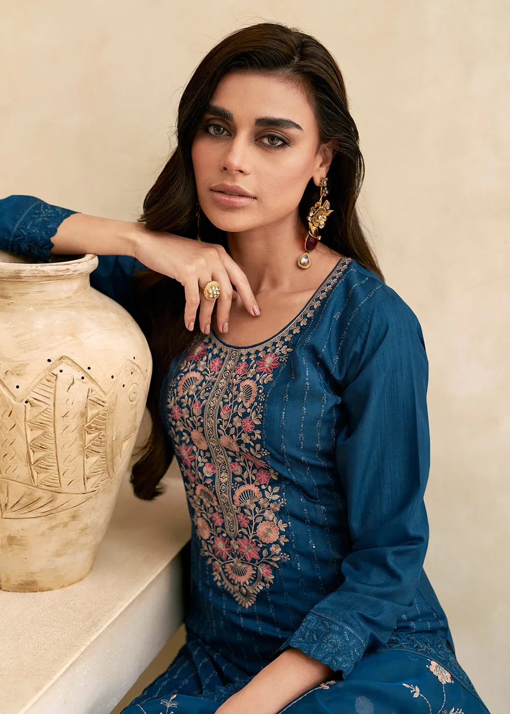 Embroidered Blue Dola Silk Festive Style Salwar Suit