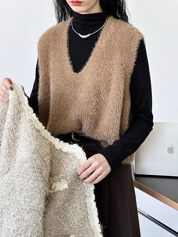 High-low Loose Solid Color Split-Joint V-neck Knitwear Vest Top