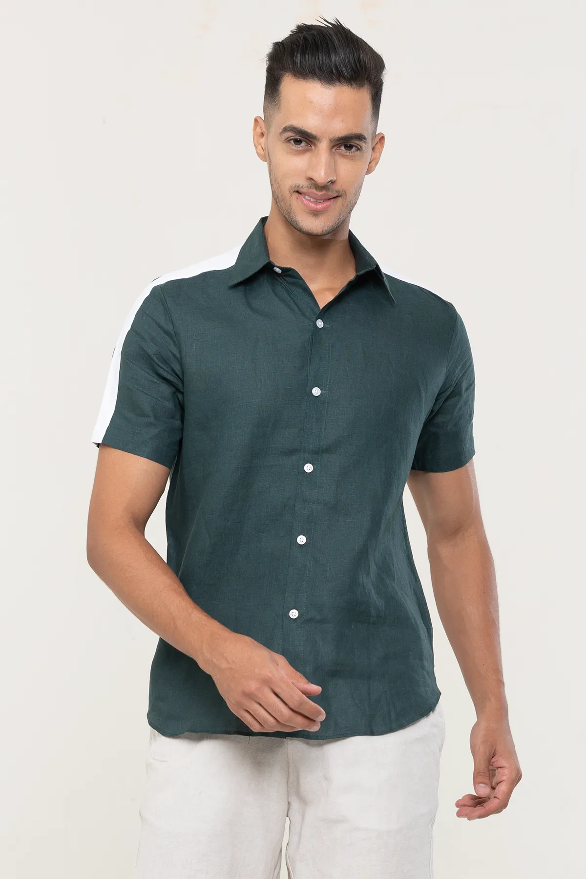 Linen Dark Green plain half sleeves | Style Matters