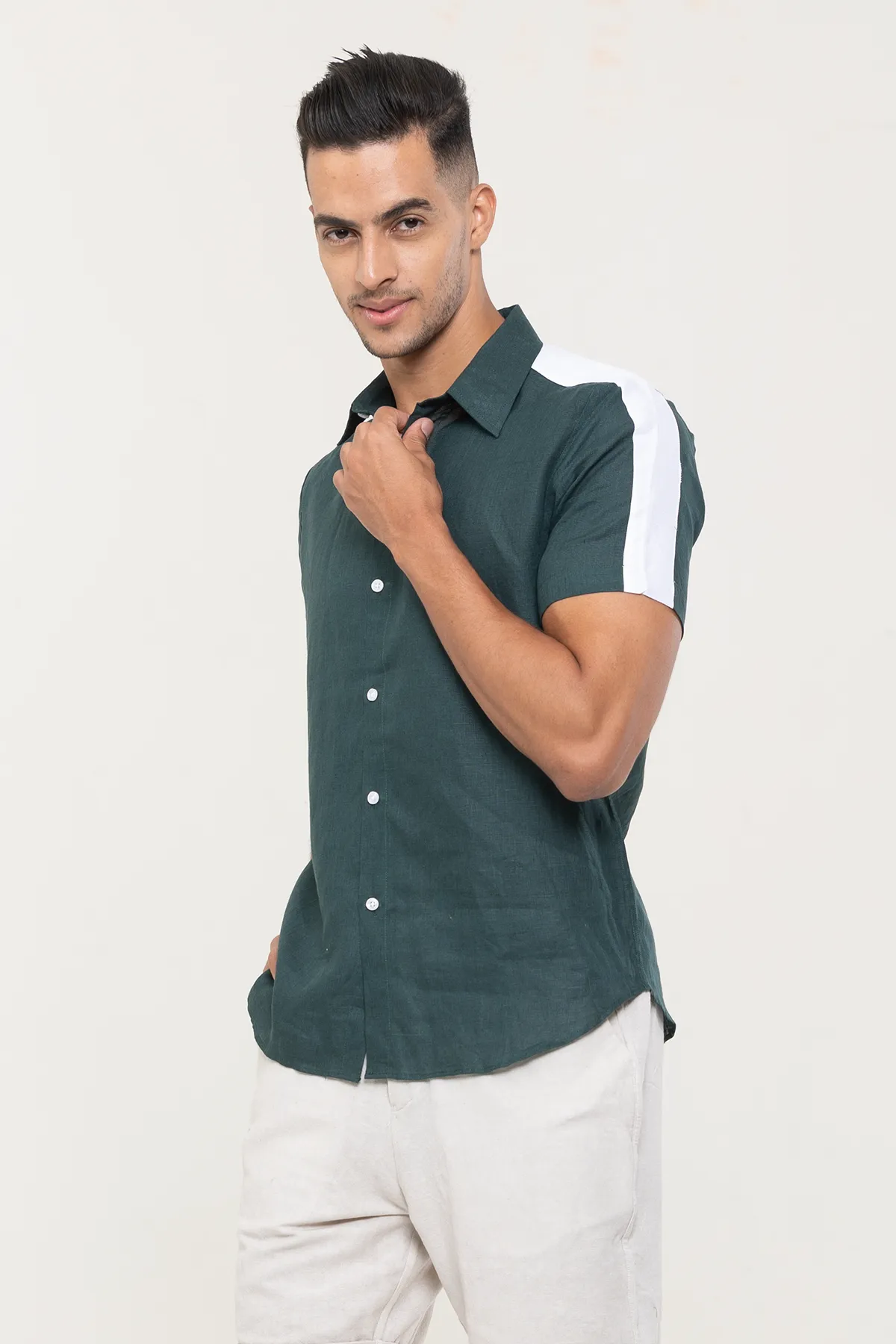 Linen Dark Green plain half sleeves | Style Matters