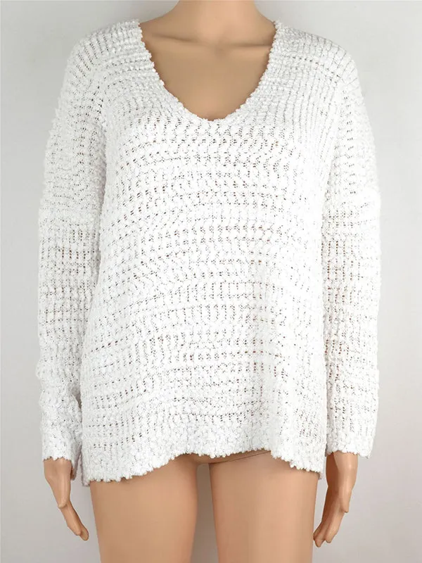 Long Sleeves Loose Hollow Solid Color Round-Neck Knitwear Pullovers Sweater Tops