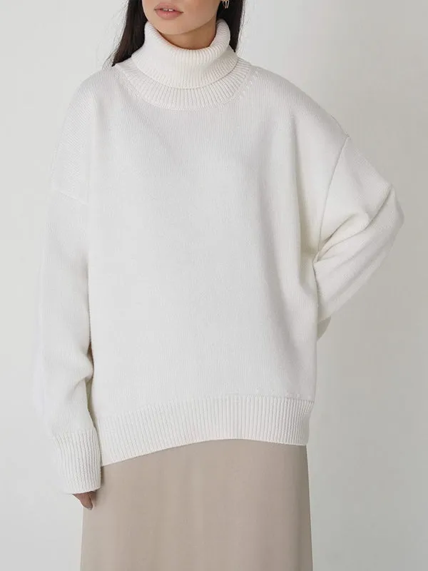 Long Sleeves Loose Solid Color High Neck Knitwear Pullovers Sweater Tops