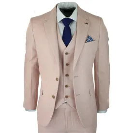 Mens Herringbone Tweed 3 Piece Suit Pink Blush Retro Vintage Short Reg Long