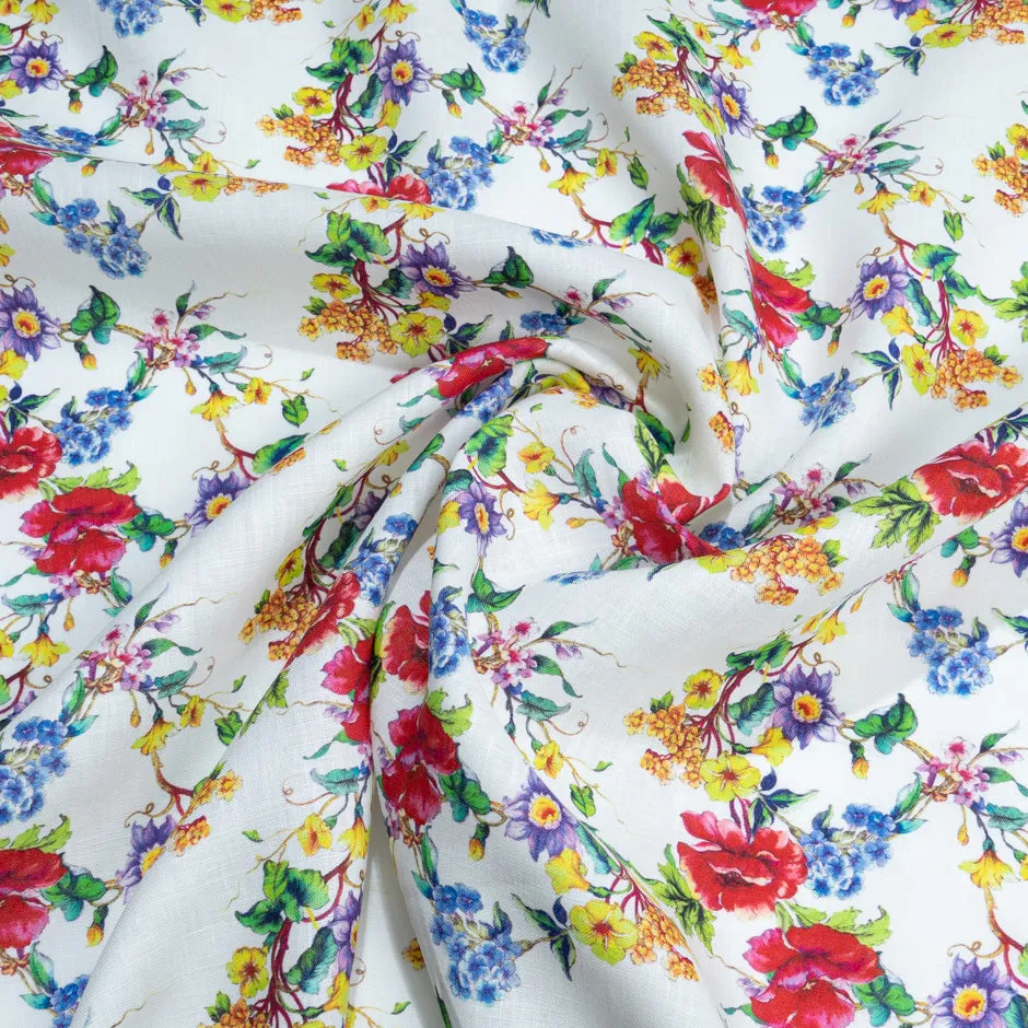 Multi-Coloured Floral Printed White Pure Linen