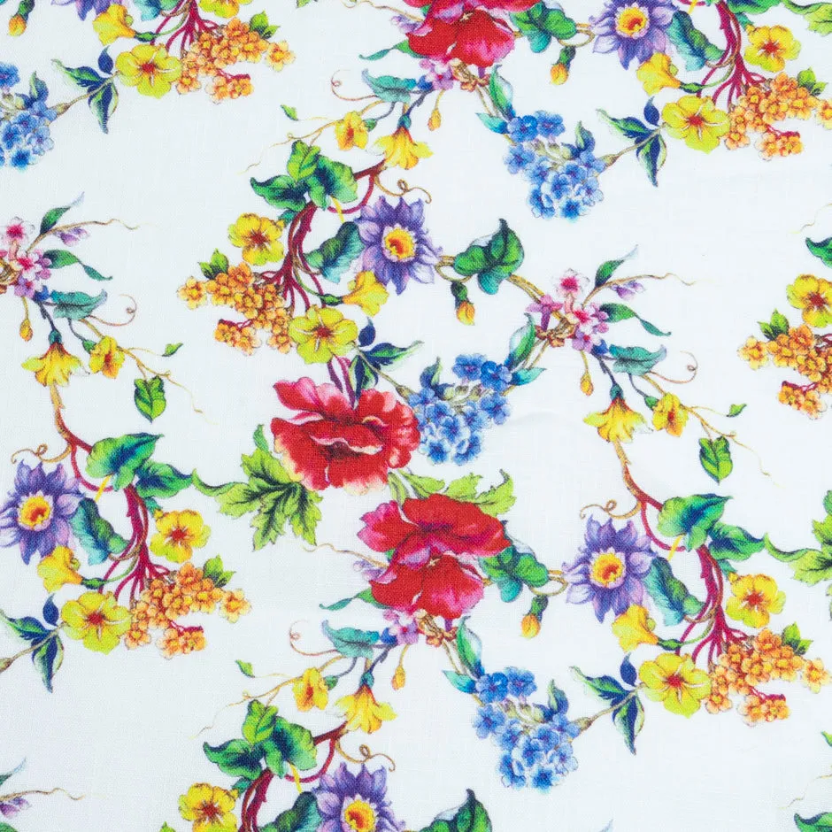 Multi-Coloured Floral Printed White Pure Linen