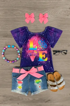 "Love" Rainbow Galaxy Distressed Denim Short Set