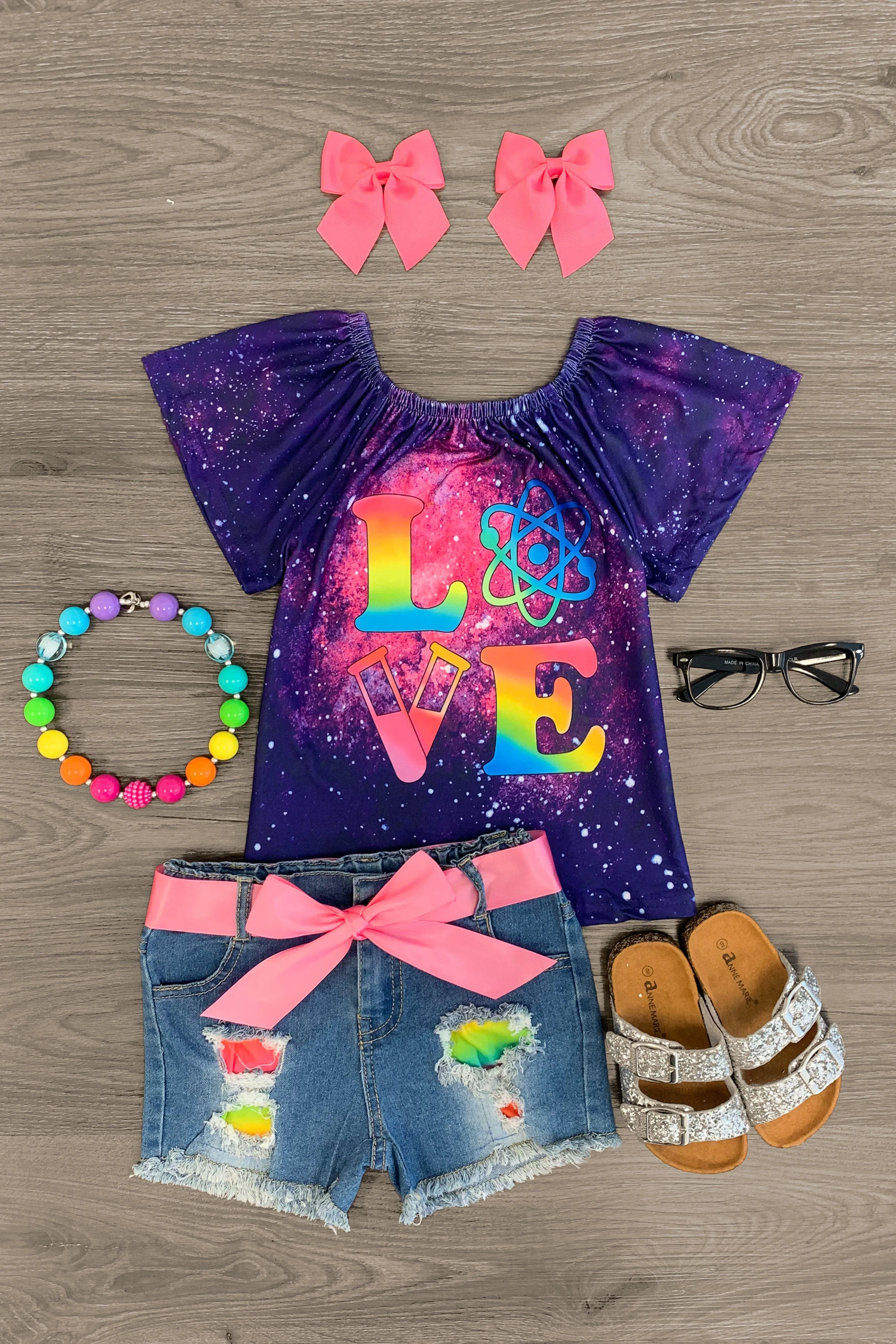 "Love" Rainbow Galaxy Distressed Denim Short Set