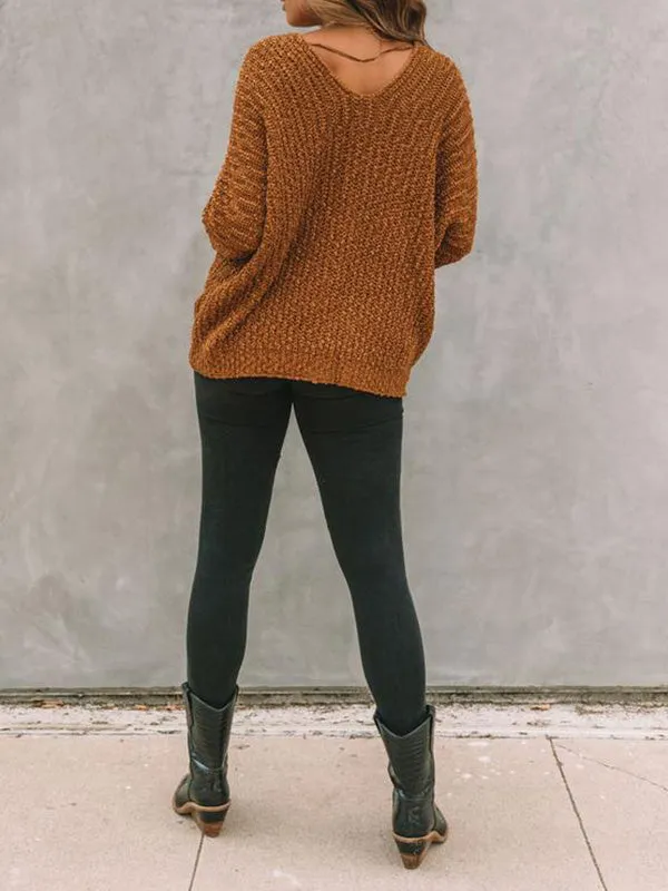 Solid Color Long Sleeves Loose V-Neck Sweater Tops Pullovers Knitwear