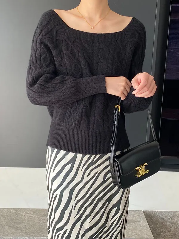 Solid Color Long Sleeves Off-The-Shoulder Sweater Tops Pullovers Knitwear