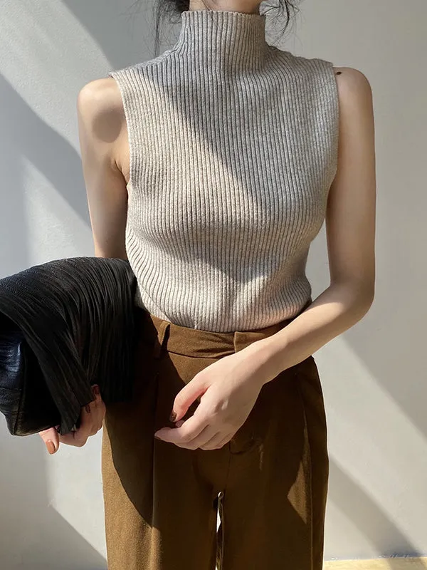 Solid Color Skinny Sleeveless High-Neck Vest Top Knitwear