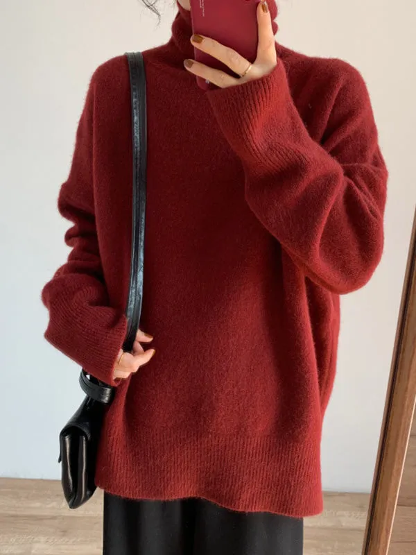 Solid Color Split-Side Long Sleeves Loose High-Neck Sweater Tops Pullovers Knitwear