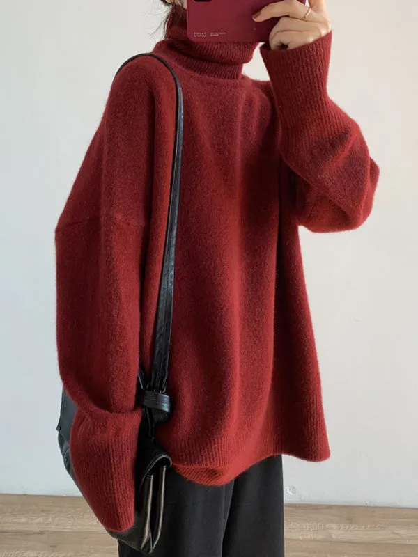 Solid Color Split-Side Long Sleeves Loose High-Neck Sweater Tops Pullovers Knitwear