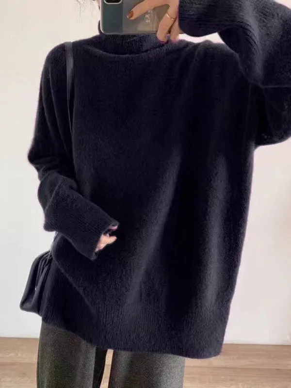 Solid Color Split-Side Long Sleeves Loose High-Neck Sweater Tops Pullovers Knitwear