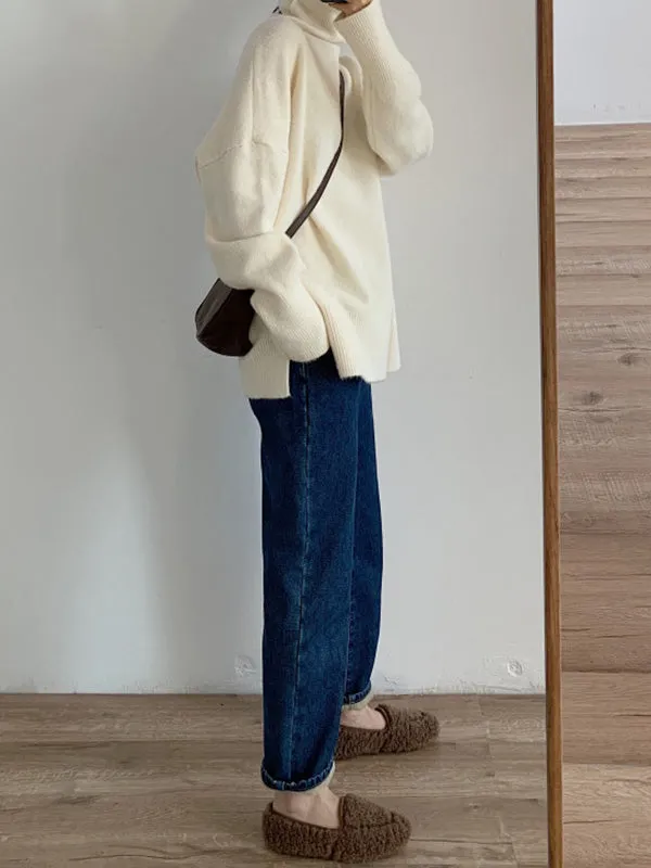 Solid Color Split-Side Long Sleeves Loose High-Neck Sweater Tops Pullovers Knitwear