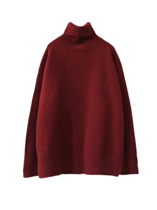 Solid Color Split-Side Long Sleeves Loose High-Neck Sweater Tops Pullovers Knitwear