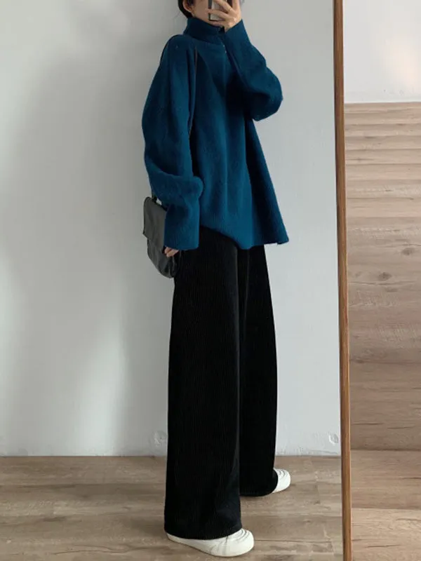 Solid Color Split-Side Long Sleeves Loose High-Neck Sweater Tops Pullovers Knitwear