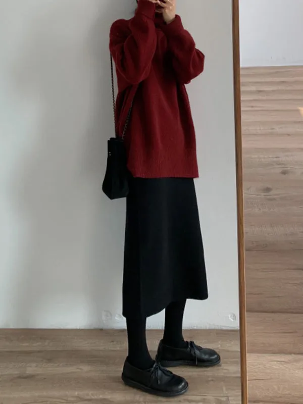 Solid Color Split-Side Long Sleeves Loose High-Neck Sweater Tops Pullovers Knitwear