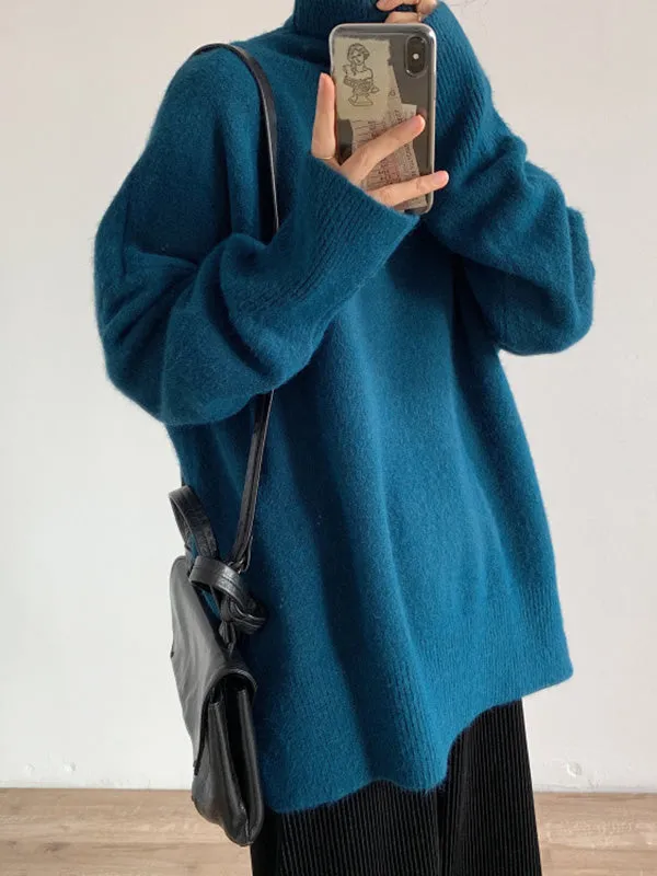 Solid Color Split-Side Long Sleeves Loose High-Neck Sweater Tops Pullovers Knitwear