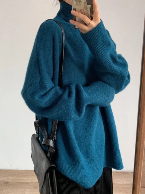 Solid Color Split-Side Long Sleeves Loose High-Neck Sweater Tops Pullovers Knitwear