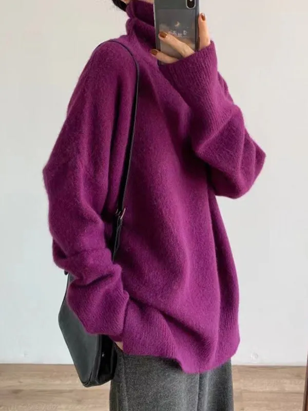Solid Color Split-Side Long Sleeves Loose High-Neck Sweater Tops Pullovers Knitwear