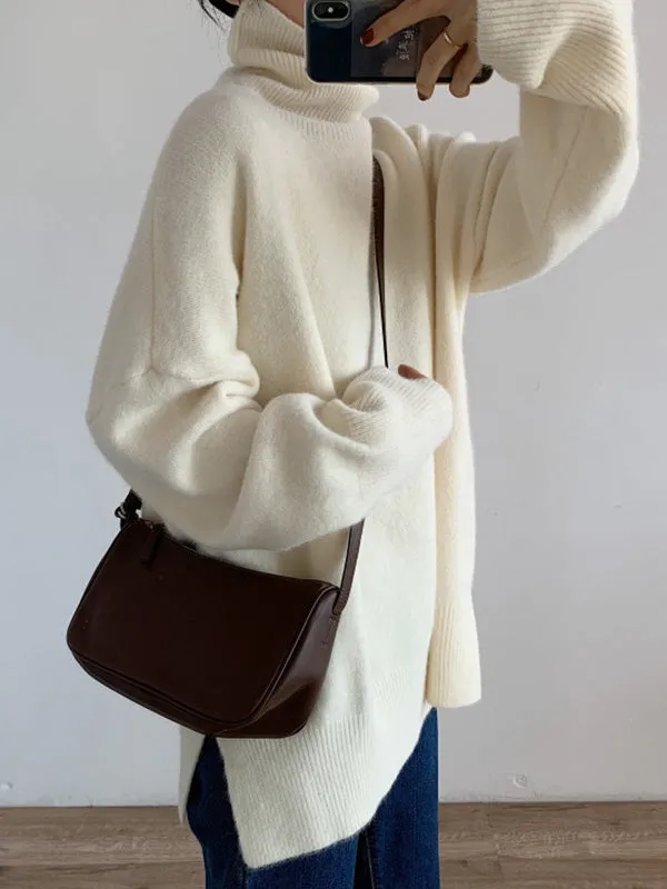Solid Color Split-Side Long Sleeves Loose High-Neck Sweater Tops Pullovers Knitwear