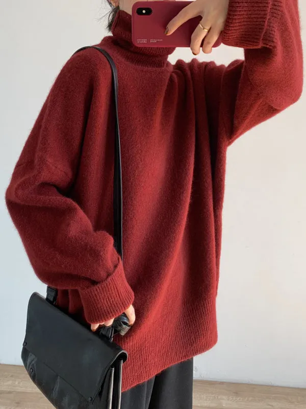 Solid Color Split-Side Long Sleeves Loose High-Neck Sweater Tops Pullovers Knitwear