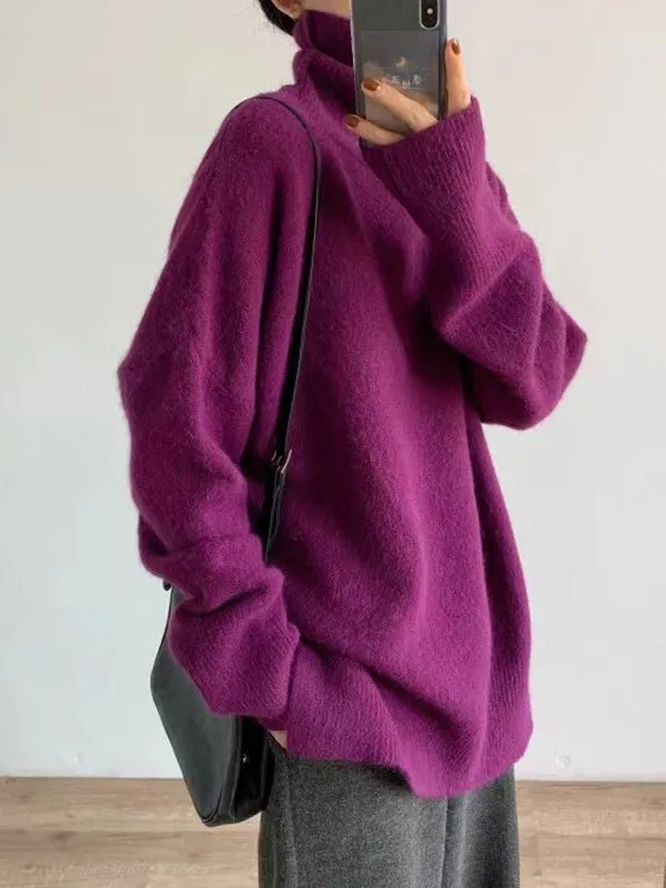 Solid Color Split-Side Long Sleeves Loose High-Neck Sweater Tops Pullovers Knitwear