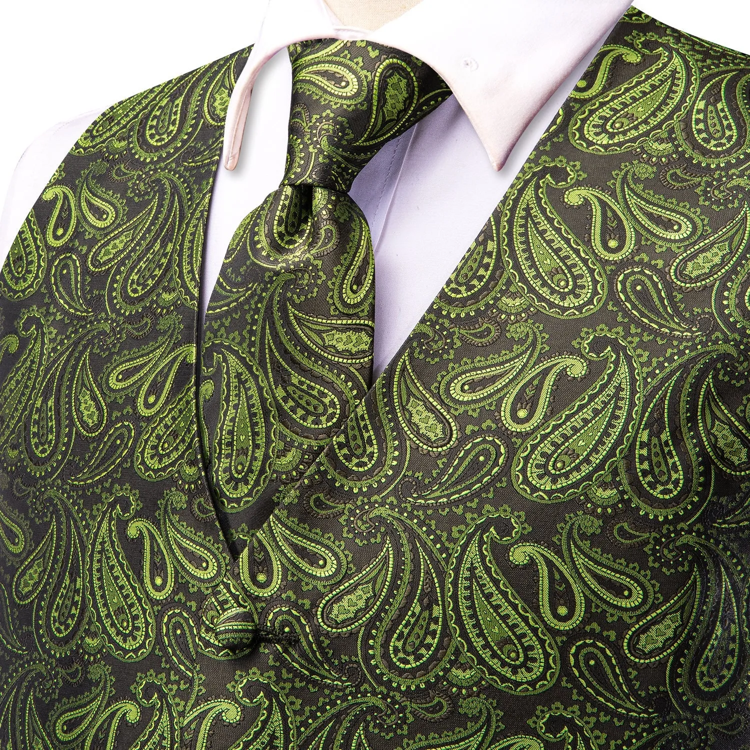 Ties2you Vest for Mens Pickle Green Paisley Jacquard Silk Vest Hanky Cufflinks Tie Set