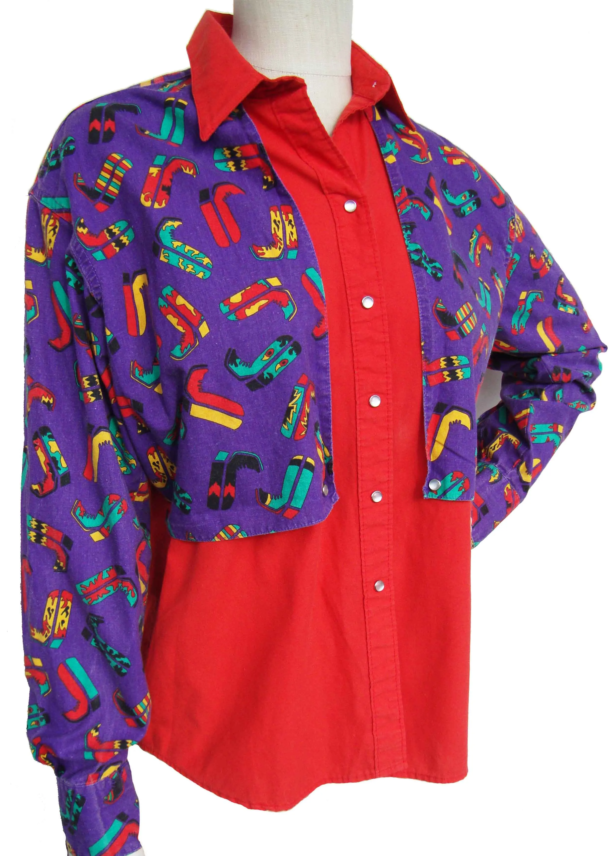 Vintage Rockmount Western Shirt Red & Purple Rodeo Boots Novelty Print L XL