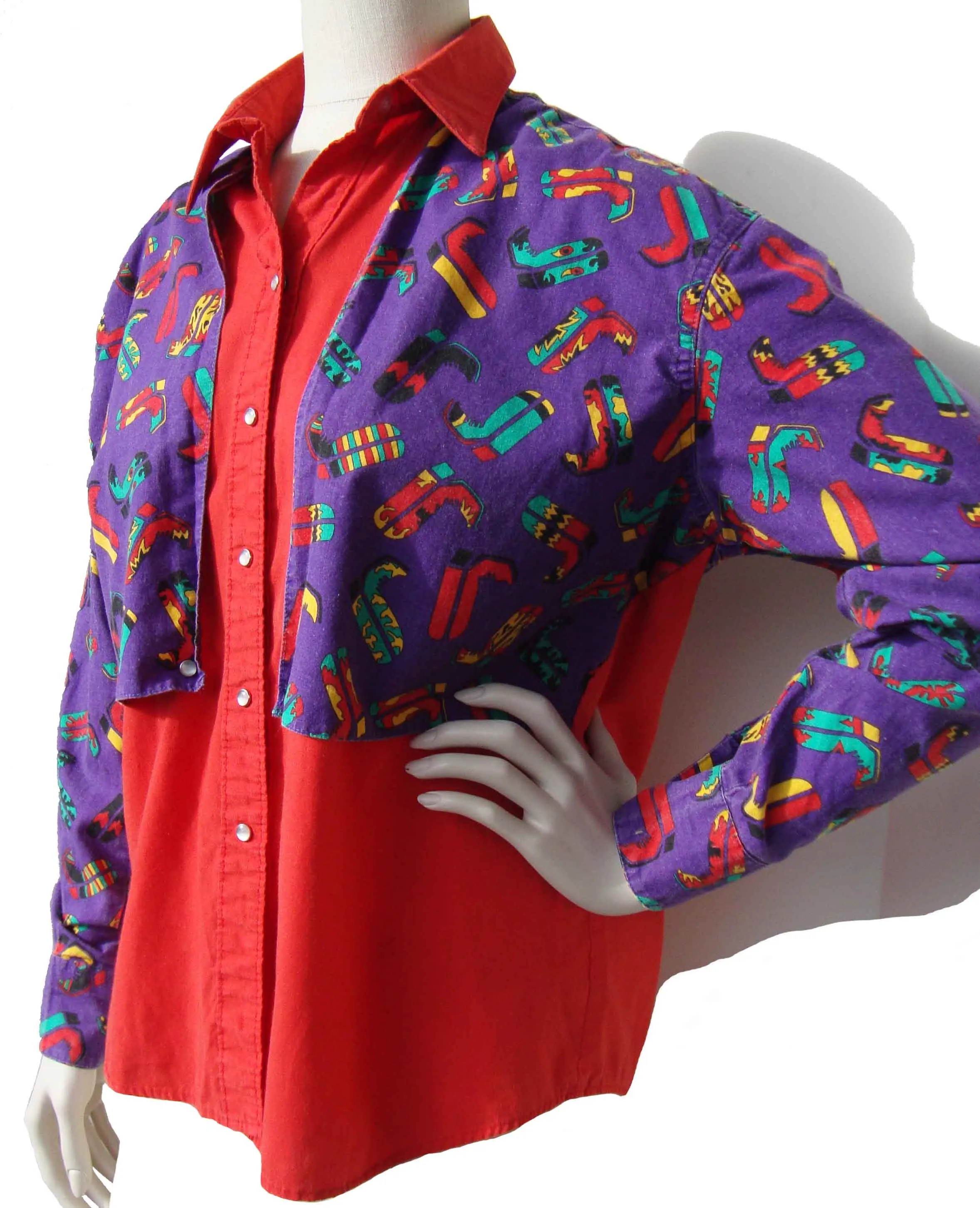 Vintage Rockmount Western Shirt Red & Purple Rodeo Boots Novelty Print L XL