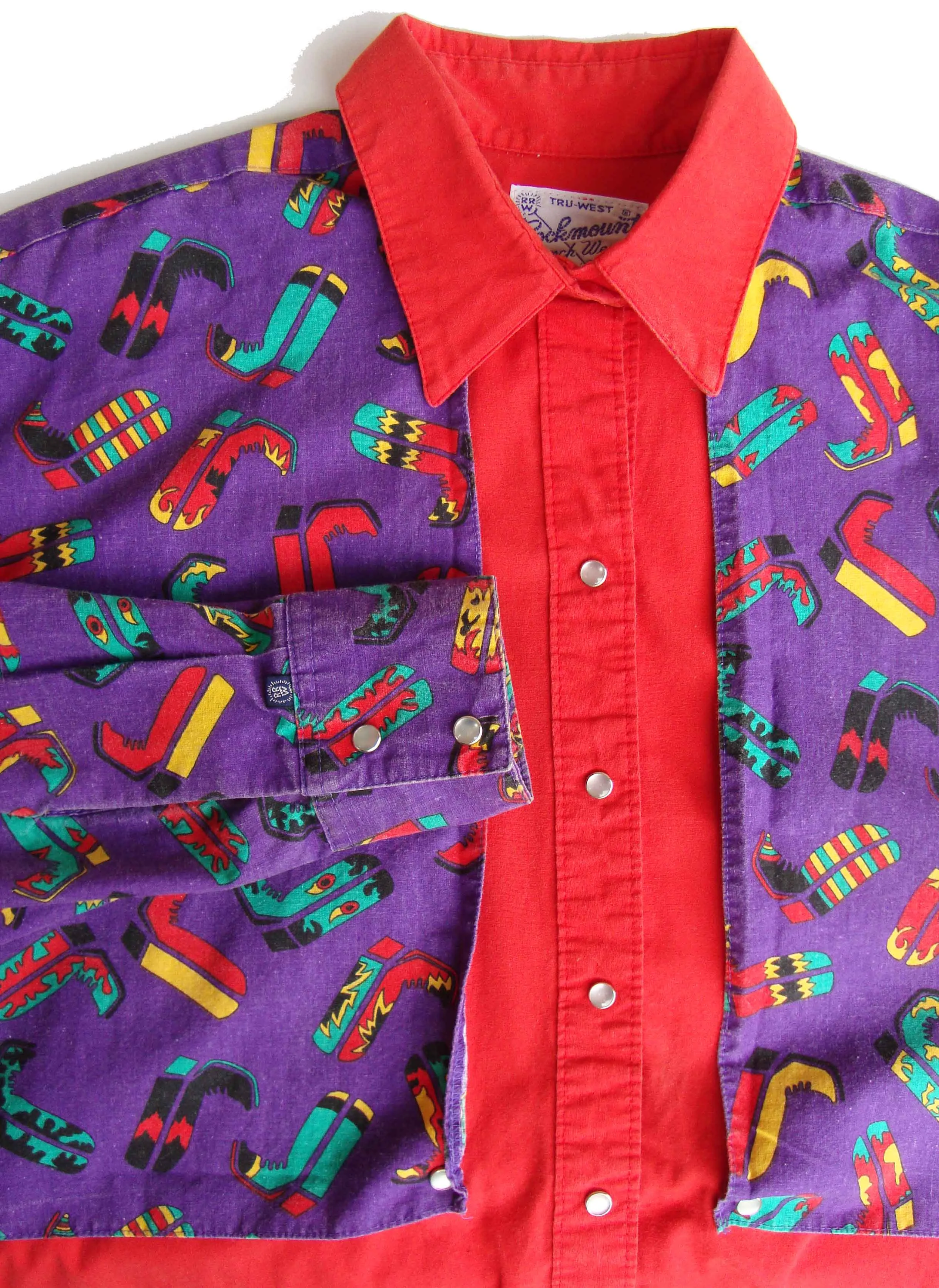 Vintage Rockmount Western Shirt Red & Purple Rodeo Boots Novelty Print L XL