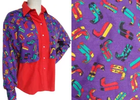 Vintage Rockmount Western Shirt Red & Purple Rodeo Boots Novelty Print L XL
